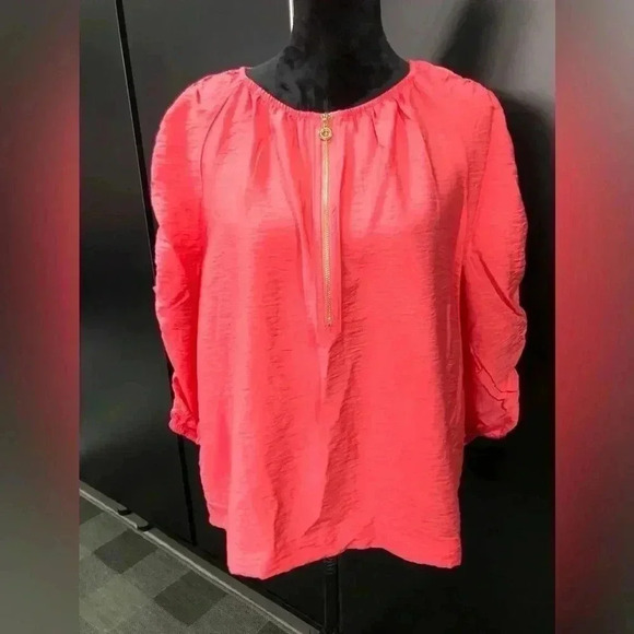 Marc New York Long Ruched Sleeve 3/4 gold zip front top - cayenne - size M - Picture 1 of 10